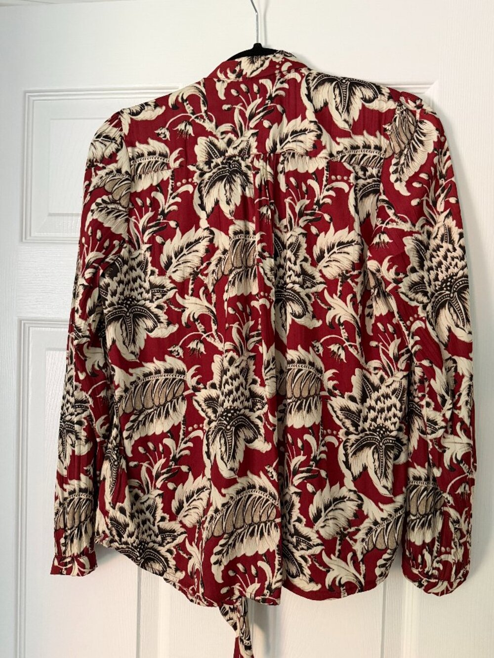 Anthropologie Burgundy Floral Tie Neck Blouse Boho Romantic Size Small